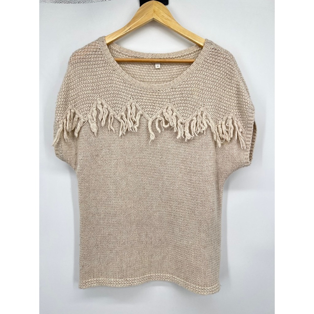 Monsoon‎ Wool Blend Fringe Knit Sweater Top Cream Beige Short Sleeve Womens M